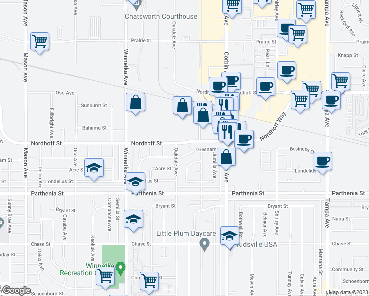 map of restaurants, bars, coffee shops, grocery stores, and more near 8845 Hatillo Avenue in Los Angeles