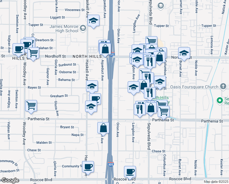 map of restaurants, bars, coffee shops, grocery stores, and more near 15566 Rayen Street in Los Angeles
