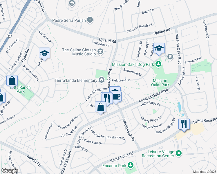 map of restaurants, bars, coffee shops, grocery stores, and more near 1201 Woodcreek Road in Camarillo