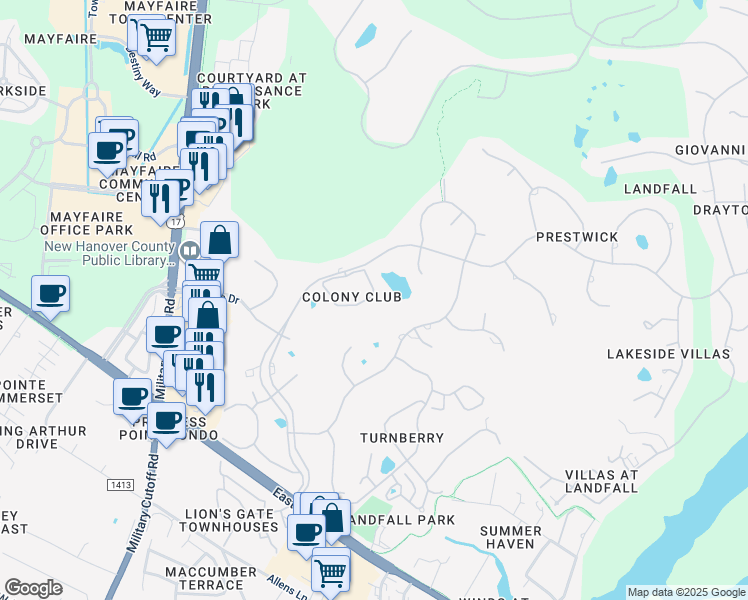map of restaurants, bars, coffee shops, grocery stores, and more near 1721 Signature Place in Wilmington