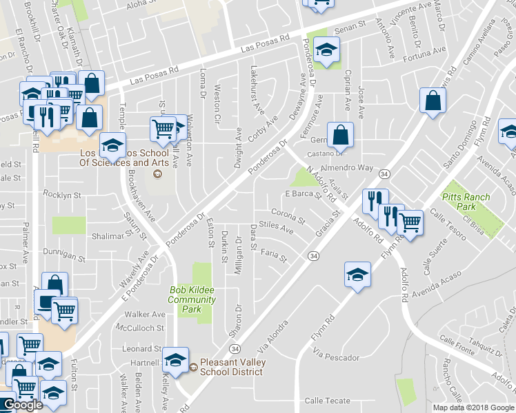 map of restaurants, bars, coffee shops, grocery stores, and more near 1458 Dara Street in Camarillo