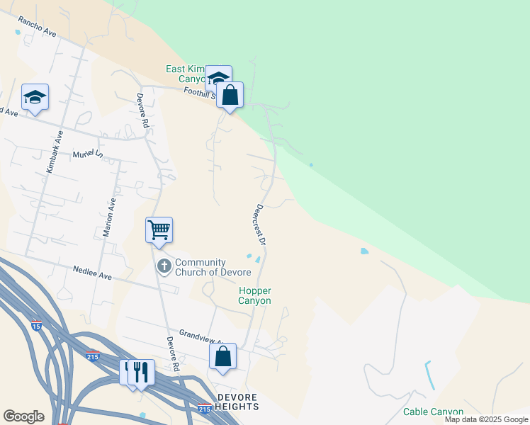 map of restaurants, bars, coffee shops, grocery stores, and more near 18611 Deercrest Estates Place in San Bernardino