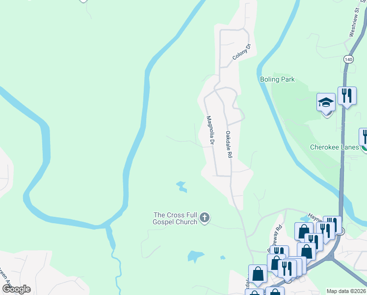 map of restaurants, bars, coffee shops, grocery stores, and more near 130 Rock Cliff Road in Canton