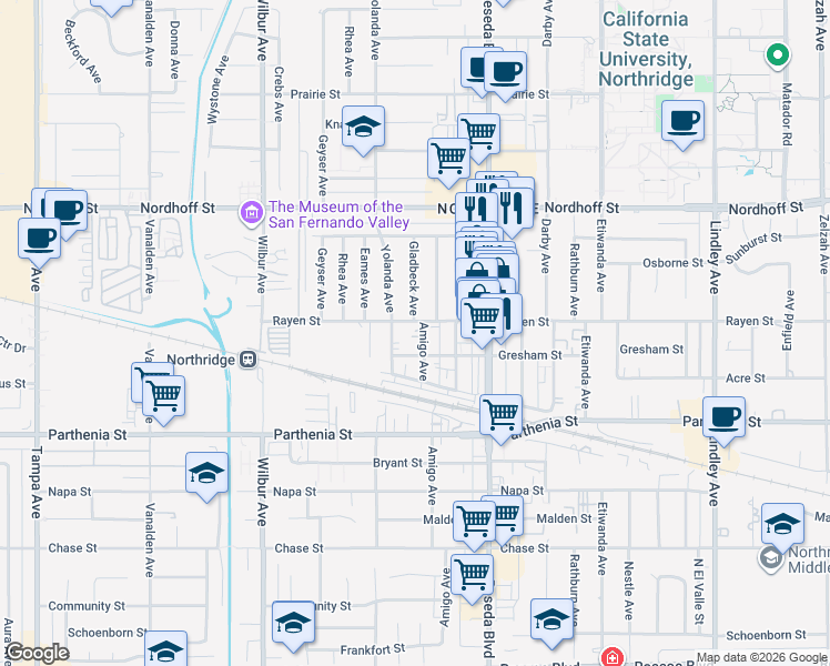 map of restaurants, bars, coffee shops, grocery stores, and more near 8823 Amigo Avenue in Los Angeles