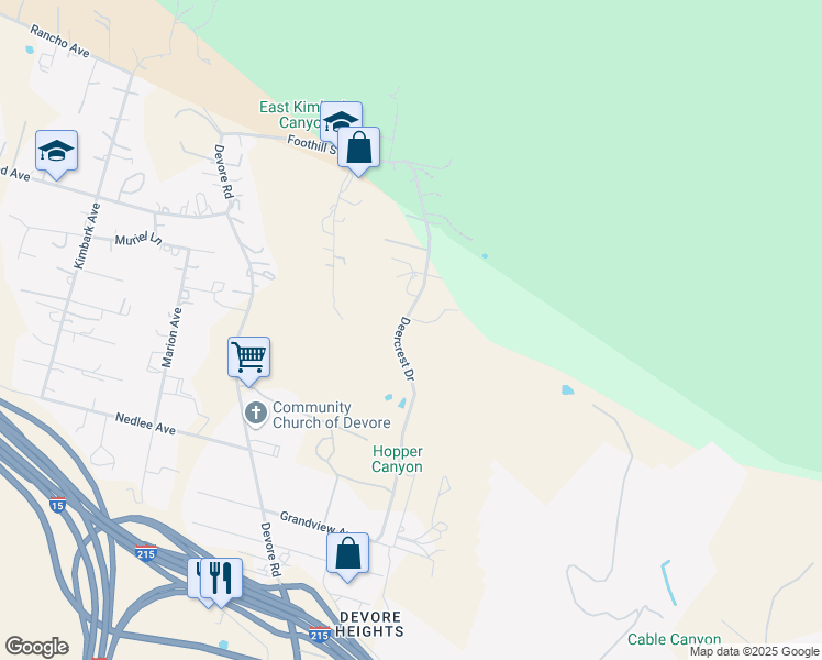 map of restaurants, bars, coffee shops, grocery stores, and more near 18611 Deercrest Estates Place in San Bernardino