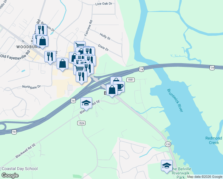 map of restaurants, bars, coffee shops, grocery stores, and more near in Belville