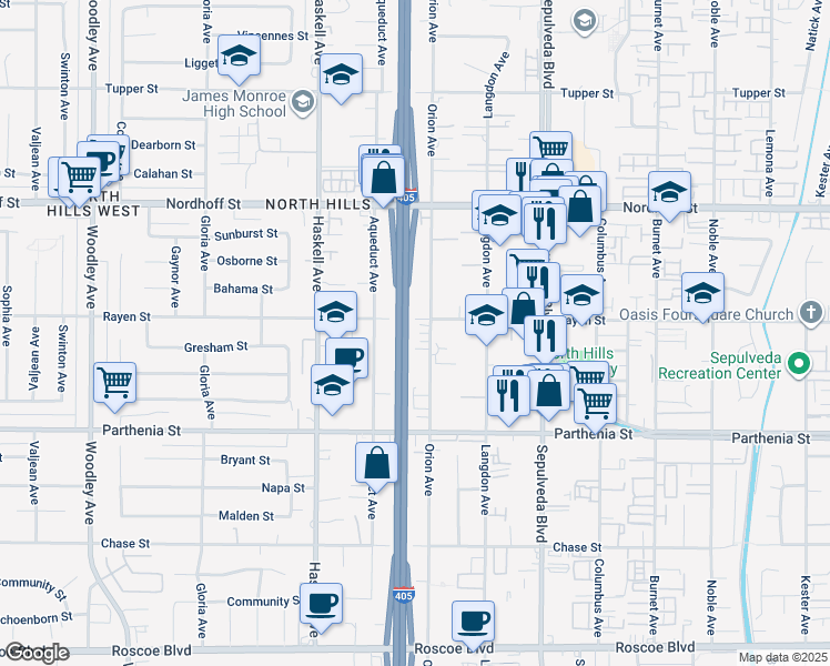 map of restaurants, bars, coffee shops, grocery stores, and more near 15566 Rayen Street in Los Angeles
