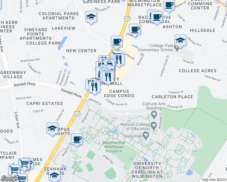 map of restaurants, bars, coffee shops, grocery stores, and more near 456 Racine Drive in Wilmington