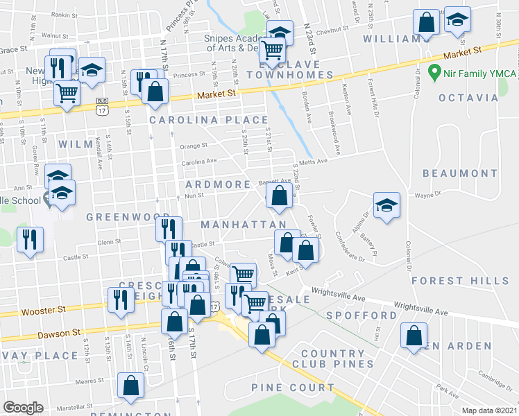 map of restaurants, bars, coffee shops, grocery stores, and more near 1940 Hudson Drive in Wilmington