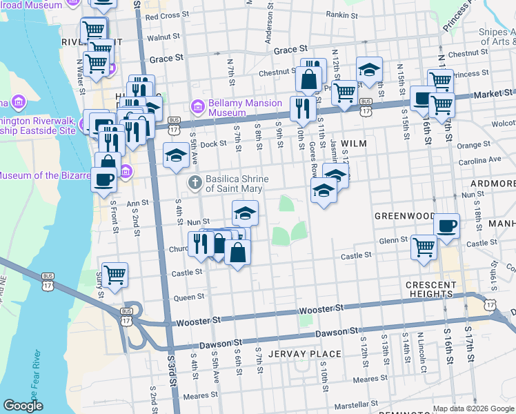 map of restaurants, bars, coffee shops, grocery stores, and more near 317 South 7th Street in Wilmington