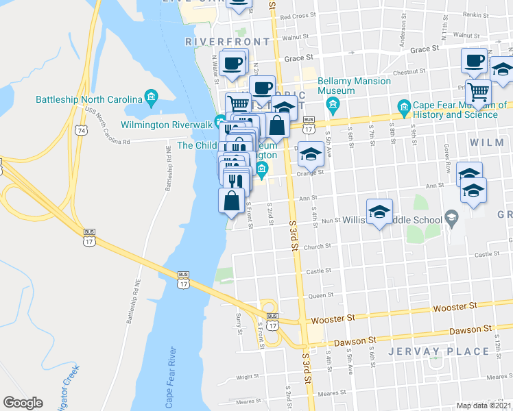 map of restaurants, bars, coffee shops, grocery stores, and more near 112 Ann Street in Wilmington