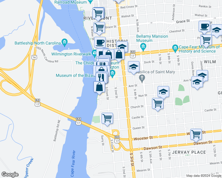 map of restaurants, bars, coffee shops, grocery stores, and more near 110 Ann Street in Wilmington