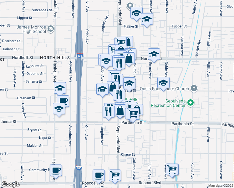 map of restaurants, bars, coffee shops, grocery stores, and more near 8811 Sepulveda Boulevard in Los Angeles