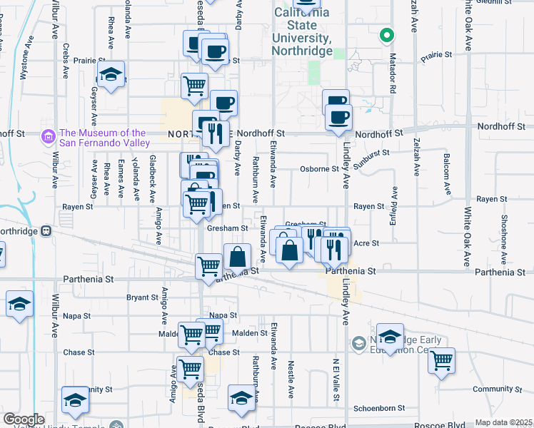 map of restaurants, bars, coffee shops, grocery stores, and more near 8830 Etiwanda Avenue in Los Angeles