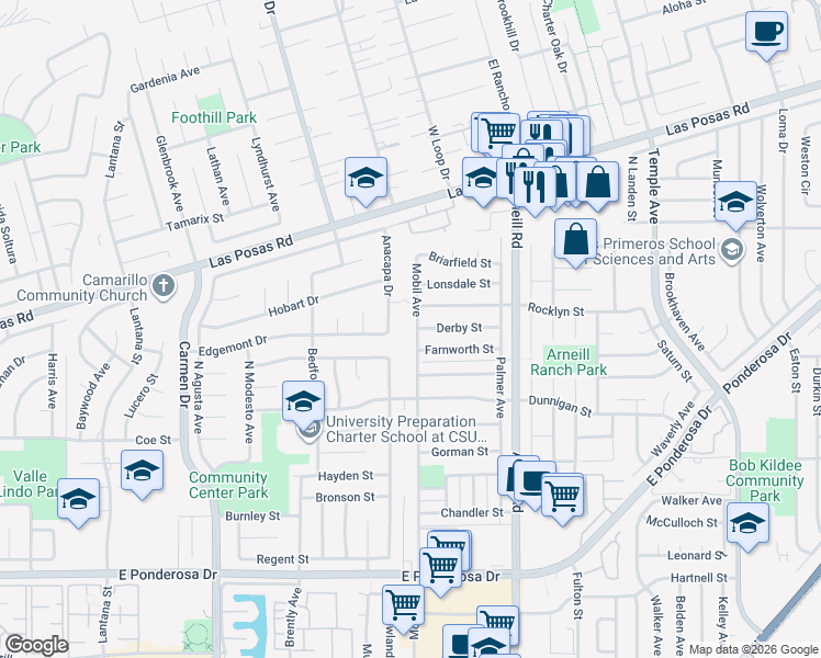 map of restaurants, bars, coffee shops, grocery stores, and more near 1395 Mobil Avenue in Camarillo
