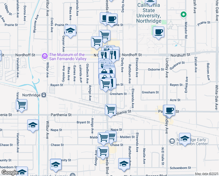 map of restaurants, bars, coffee shops, grocery stores, and more near 8824 Reseda Boulevard in Los Angeles