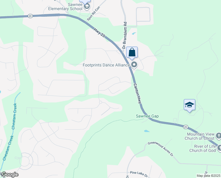 map of restaurants, bars, coffee shops, grocery stores, and more near 1265 Crestbrook Drive in Cumming