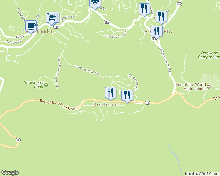 map of restaurants, bars, coffee shops, grocery stores, and more near 1202 Bridal Path in Rimforest