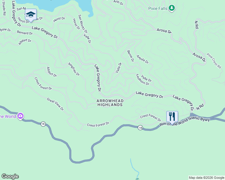 map of restaurants, bars, coffee shops, grocery stores, and more near 24790 Felsen Drive in Crestline