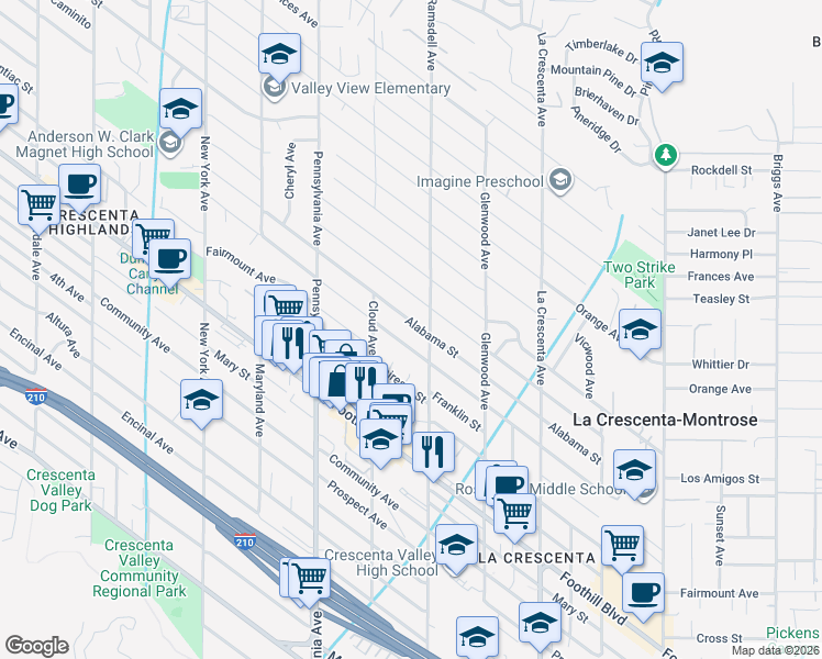 map of restaurants, bars, coffee shops, grocery stores, and more near 3016 Alabama Street in La Crescenta-Montrose