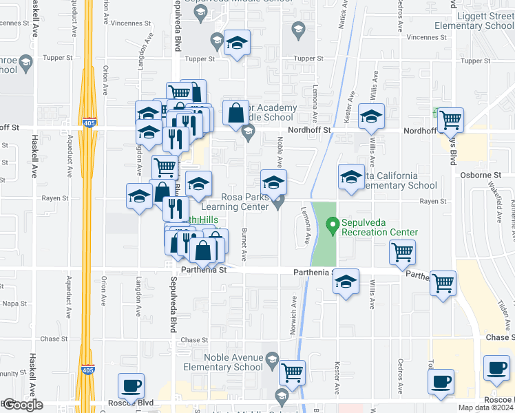 map of restaurants, bars, coffee shops, grocery stores, and more near 8886 Burnet Avenue in Los Angeles