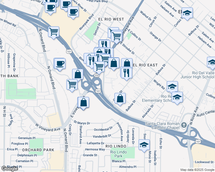 map of restaurants, bars, coffee shops, grocery stores, and more near 211 Ventura Boulevard in Oxnard