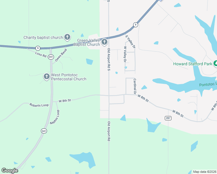 map of restaurants, bars, coffee shops, grocery stores, and more near 341 Old Airport Road South in Pontotoc