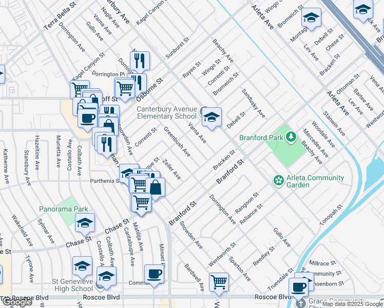 map of restaurants, bars, coffee shops, grocery stores, and more near 8900 Greenbush Avenue in Los Angeles