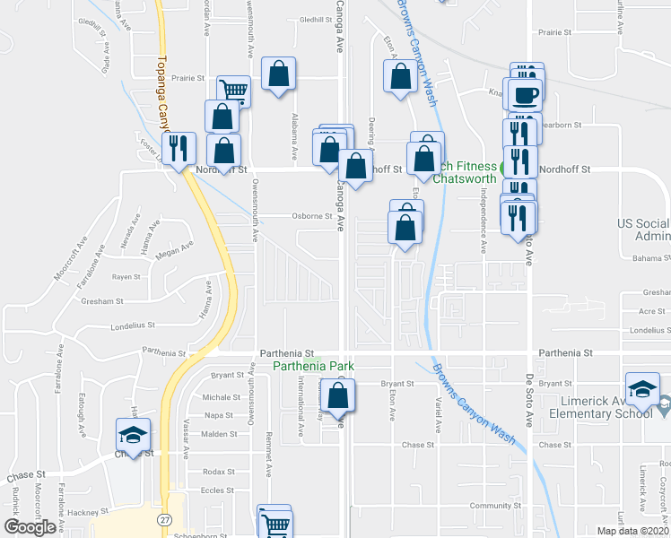 map of restaurants, bars, coffee shops, grocery stores, and more near 8855 Canoga Avenue in Los Angeles