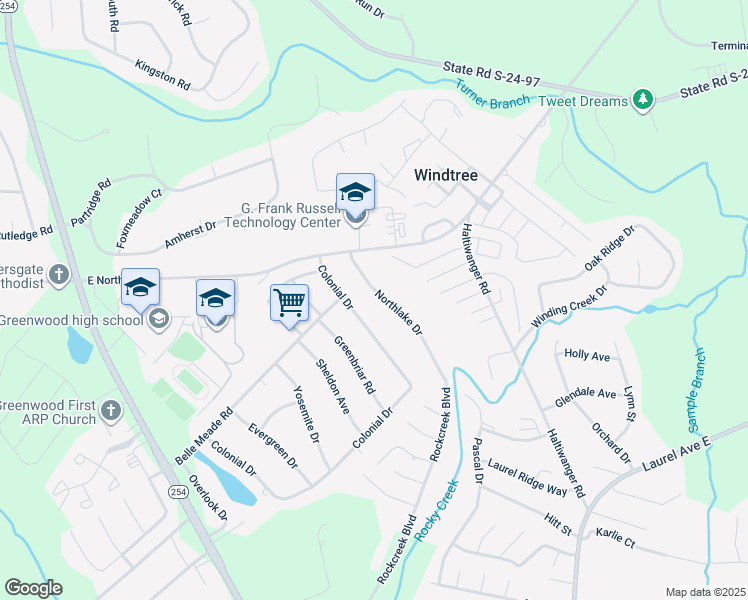 map of restaurants, bars, coffee shops, grocery stores, and more near 1109 Northlake Drive in Greenwood