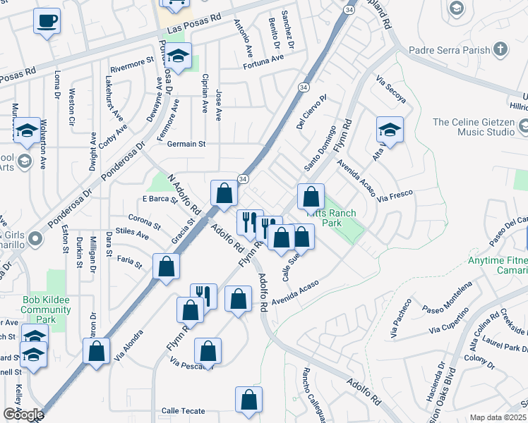 map of restaurants, bars, coffee shops, grocery stores, and more near 4530 Via Presidio in Camarillo