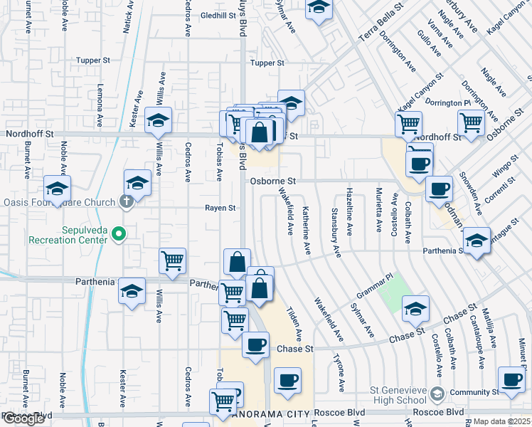 map of restaurants, bars, coffee shops, grocery stores, and more near 8856 Tilden Avenue in Los Angeles