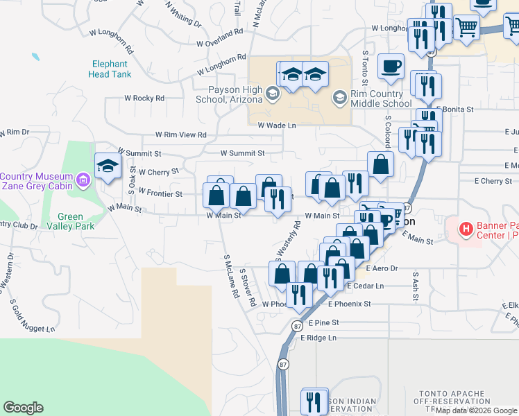 map of restaurants, bars, coffee shops, grocery stores, and more near 410 West Main Street in Payson