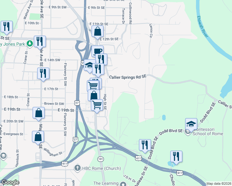 map of restaurants, bars, coffee shops, grocery stores, and more near 121 East Boundary Street Southeast in Rome