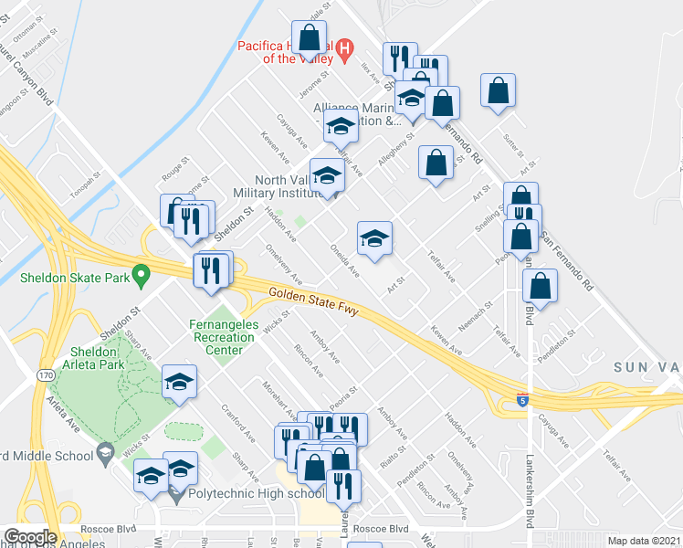 map of restaurants, bars, coffee shops, grocery stores, and more near 12112 Wicks Street in Los Angeles
