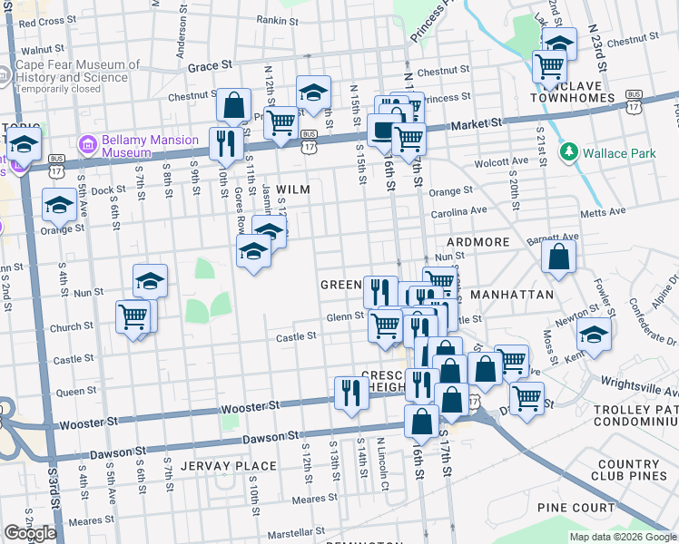 map of restaurants, bars, coffee shops, grocery stores, and more near 402 South 14th Street in Wilmington