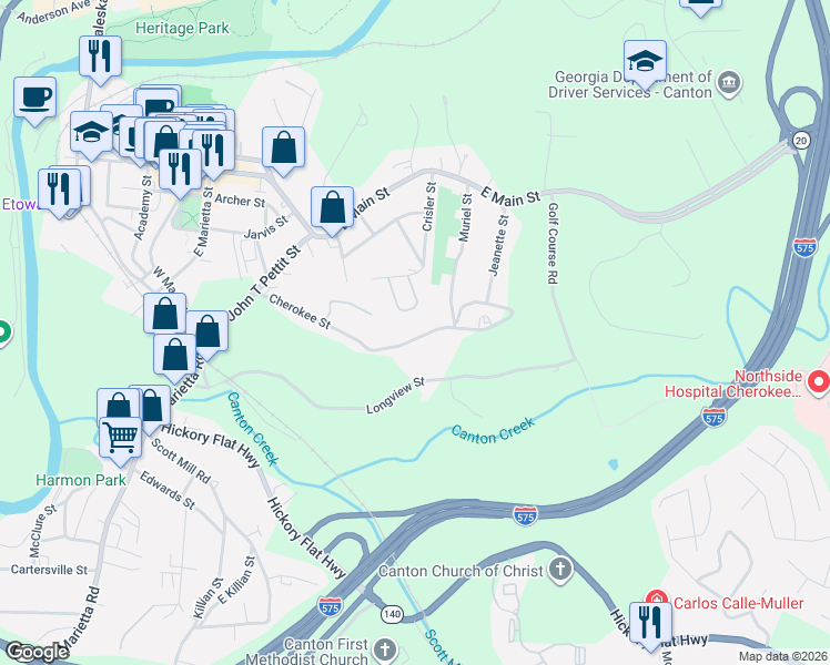 map of restaurants, bars, coffee shops, grocery stores, and more near 430 Cherokee Street in Canton