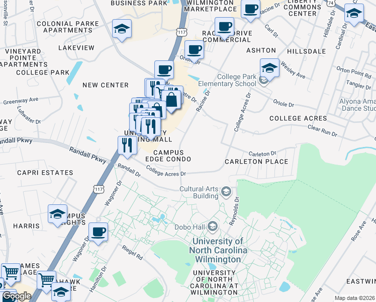 map of restaurants, bars, coffee shops, grocery stores, and more near 463 Racine Drive in Wilmington