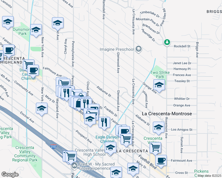 map of restaurants, bars, coffee shops, grocery stores, and more near Stevens Street in La Crescenta-Montrose