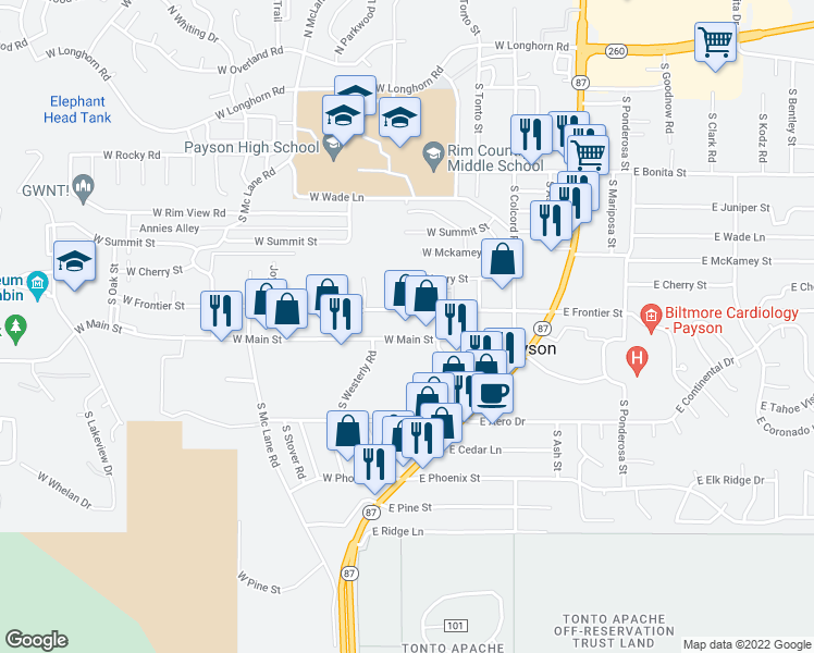map of restaurants, bars, coffee shops, grocery stores, and more near 302 West Main Street in Payson