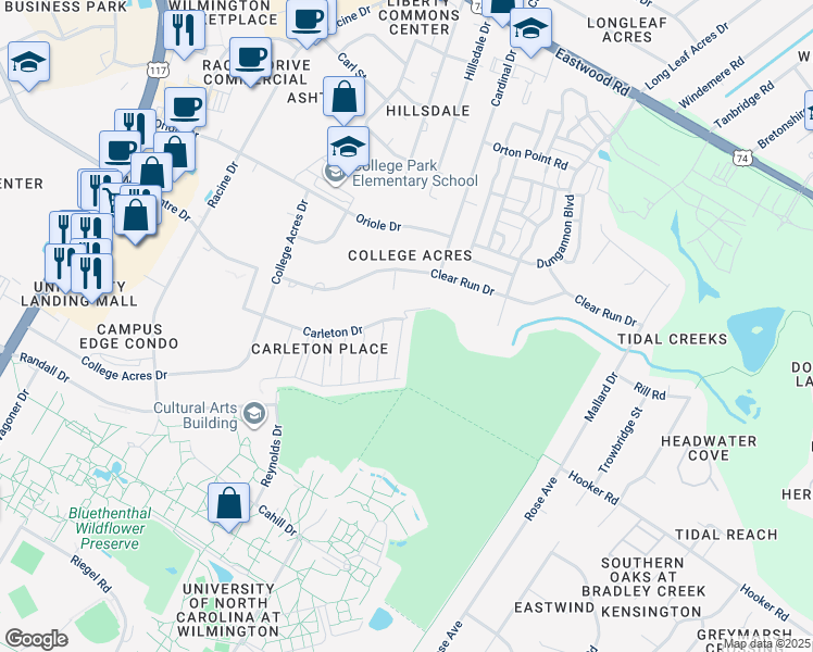 map of restaurants, bars, coffee shops, grocery stores, and more near 5344 Christian Drive in Wilmington