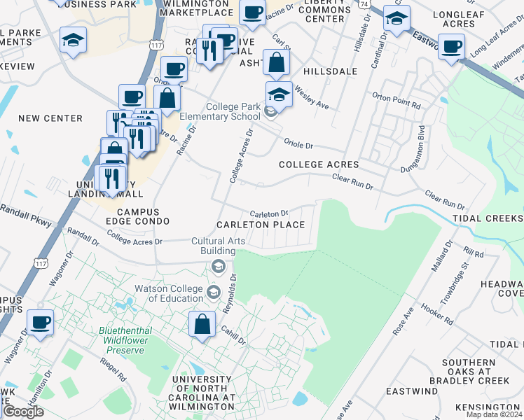 map of restaurants, bars, coffee shops, grocery stores, and more near 5006 Carleton Drive in Wilmington