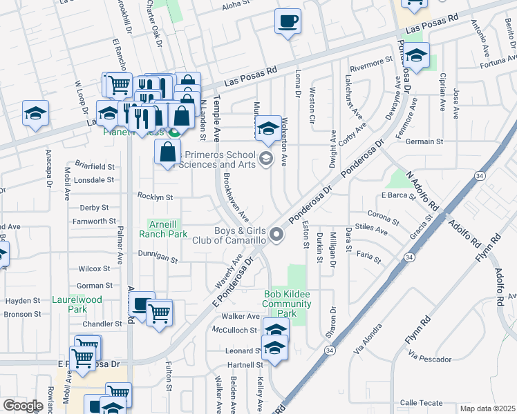 map of restaurants, bars, coffee shops, grocery stores, and more near 2955 Algonquin Court in Camarillo