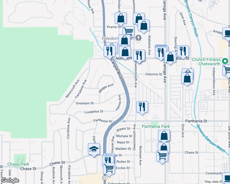 map of restaurants, bars, coffee shops, grocery stores, and more near 21907 Gresham Street in Los Angeles