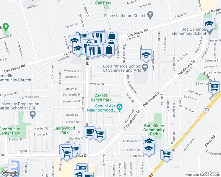 map of restaurants, bars, coffee shops, grocery stores, and more near 2513 Exeter Court in Camarillo