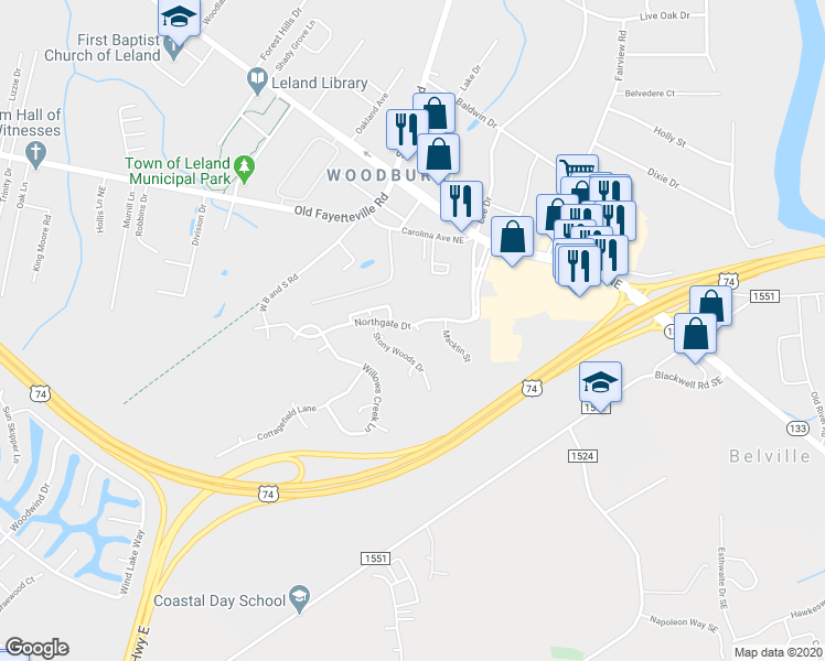map of restaurants, bars, coffee shops, grocery stores, and more near 1001 Dandy Court in Leland