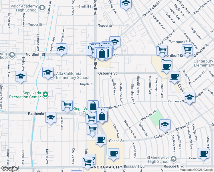 map of restaurants, bars, coffee shops, grocery stores, and more near 8855 Tyrone Avenue in Los Angeles