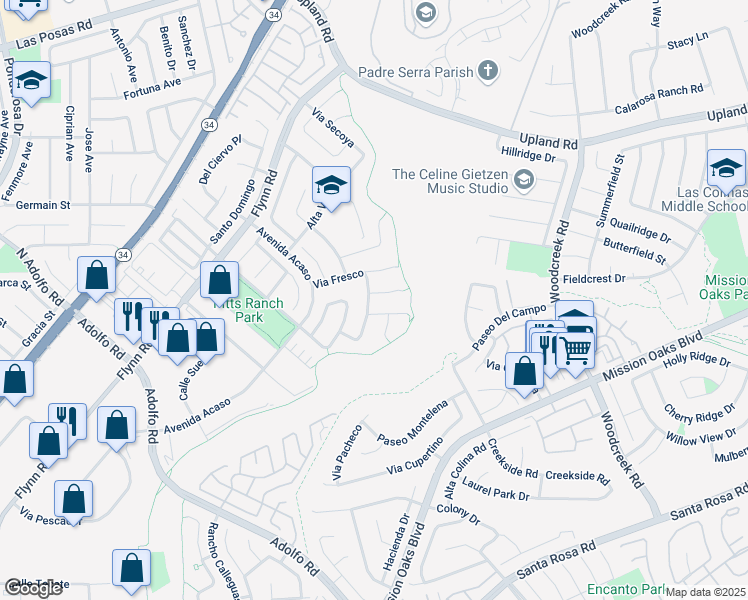 map of restaurants, bars, coffee shops, grocery stores, and more near 5020 Caminito Posada in Camarillo