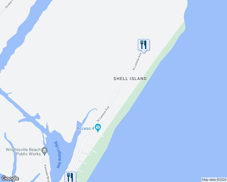 map of restaurants, bars, coffee shops, grocery stores, and more near 2513 North Lumina Avenue in Wrightsville Beach