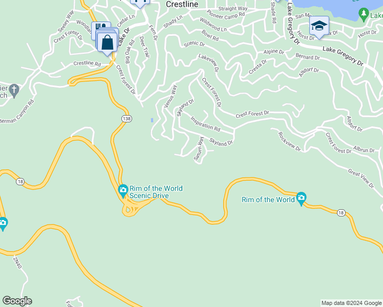 map of restaurants, bars, coffee shops, grocery stores, and more near 1180 Jupiter Way in Crestline